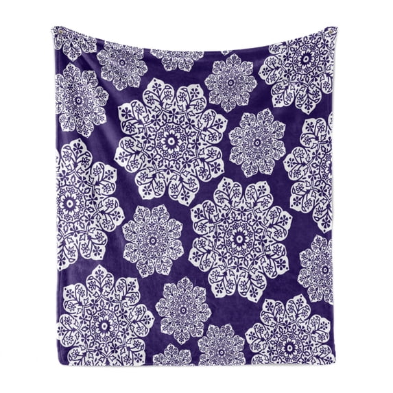 Navy Blue Soft Flannel Fleece Throw Blanket, Floral Lace Graphic Print Snowflake Themed Pattern Ornate Circle Batik Texture, Cozy Plush for Indoor and Outdoor Use, 60" x 80", Blue White, by Ambesonne