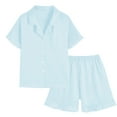 thumbnail image 3 of SonxaHe Toddler Girl' Pajama Set Short Sleeve Button Down Top Shorts Soft Satin Silk Nightwear Outfit Set Blue,Sized 3-4, 3 of 4