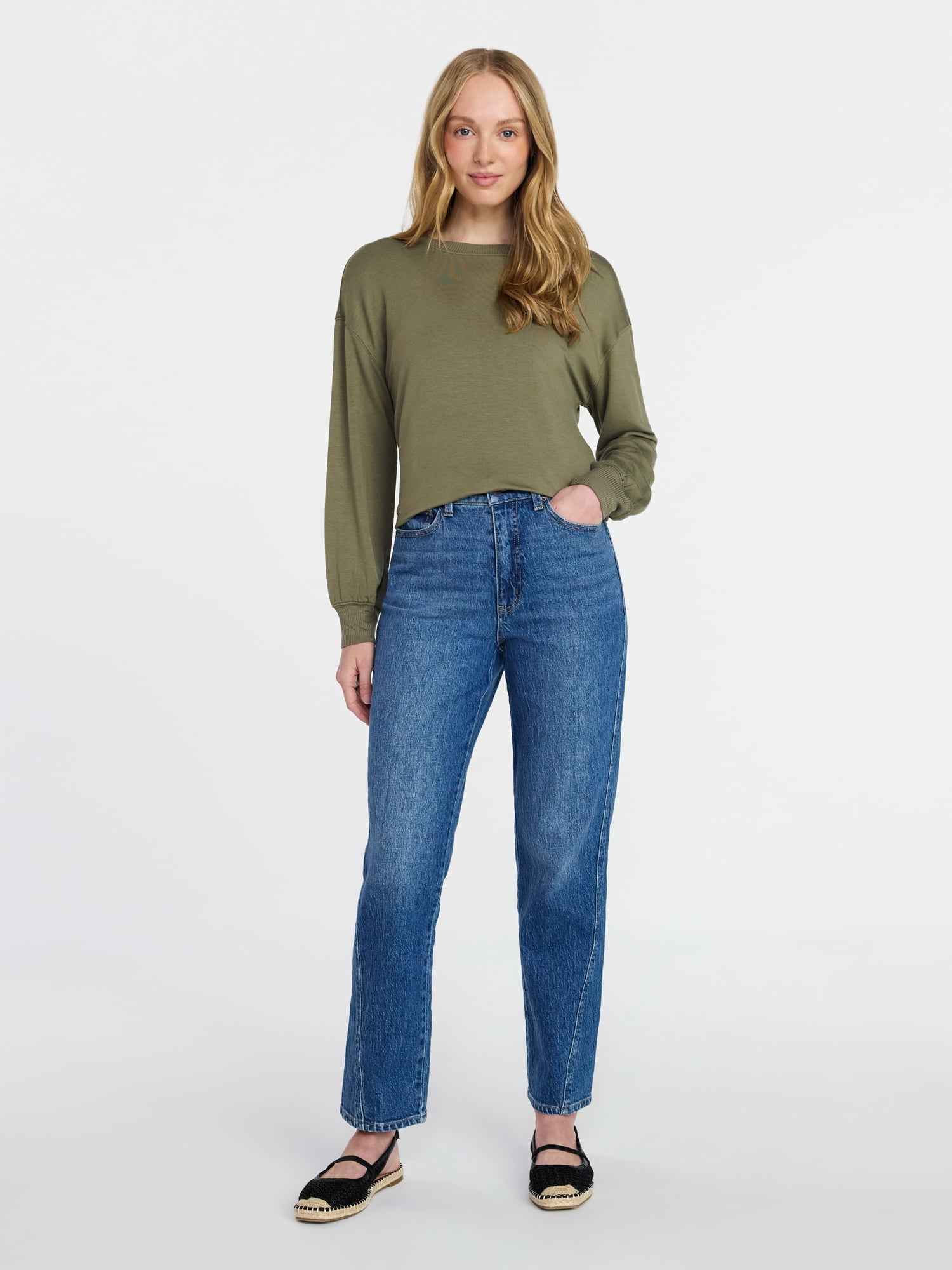 Time and Tru Women's French Terry Tunic Top with Long Sleeves, Sizes XS-XXXL