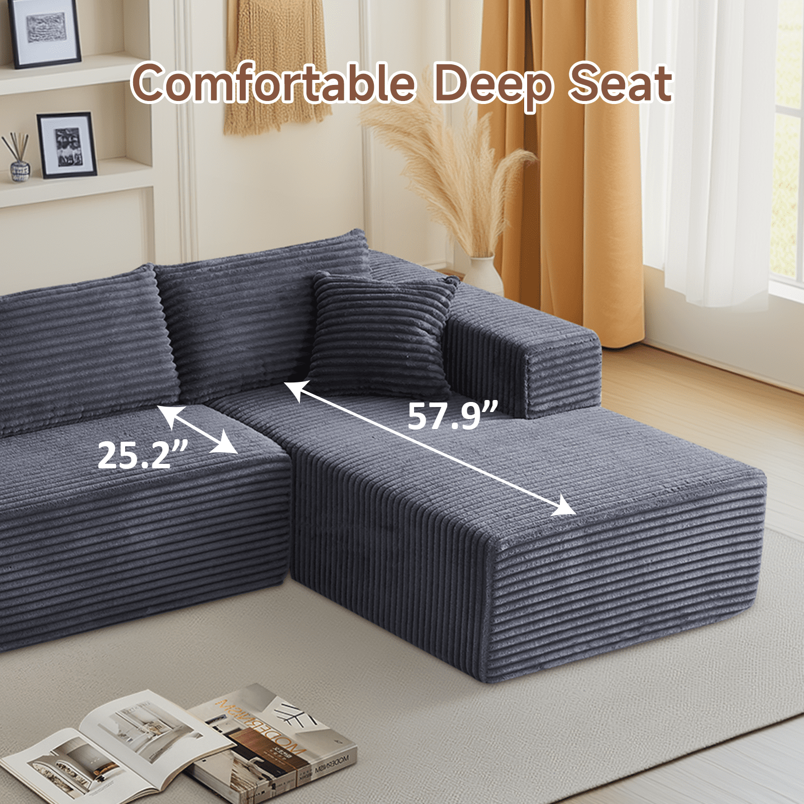 104" Modular Sectional Sofa, Flannel Modern L-Shaped Cloud Couch with Chaise Lounge & Pillows, Compressed Sofa with Upholstered High-Density Sponge, Corner Sofa for Living Room Bedroom Apartment
