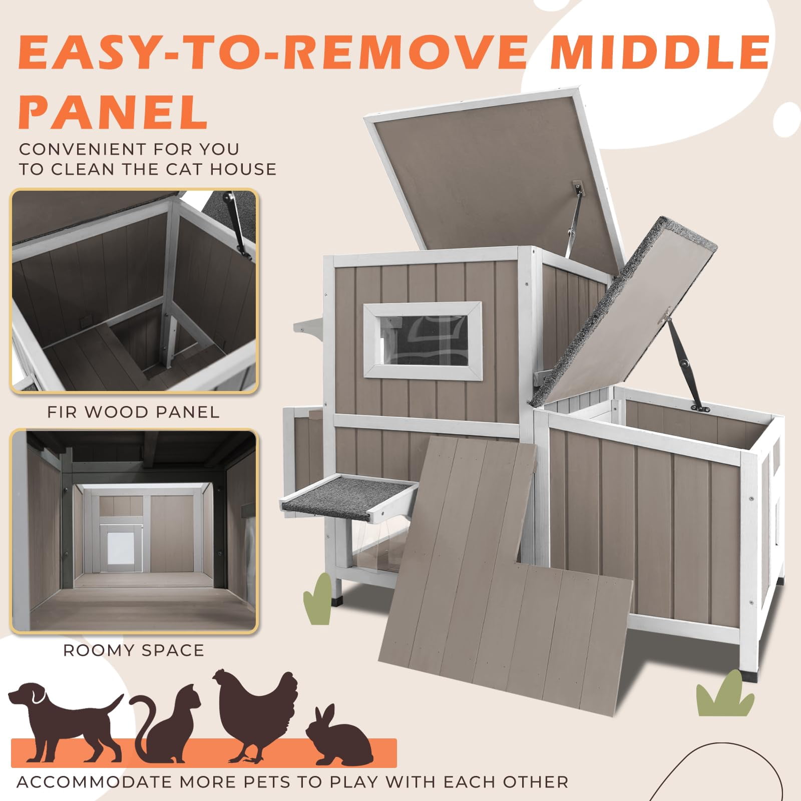 Gowoodhut 36.1" L Outdoor Cat House, 2 Story Wooden Outdoor Cat Shelter with 3 Escape Doors
