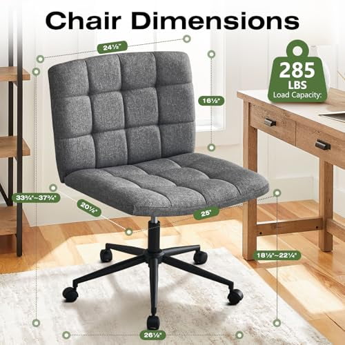 Criss Cross Chair with Wheels, Wide Seat Desk Office Chair with Height Adjustment Armless Swivel Rolling Comfy Cross Legged Chairs，Linen Gray