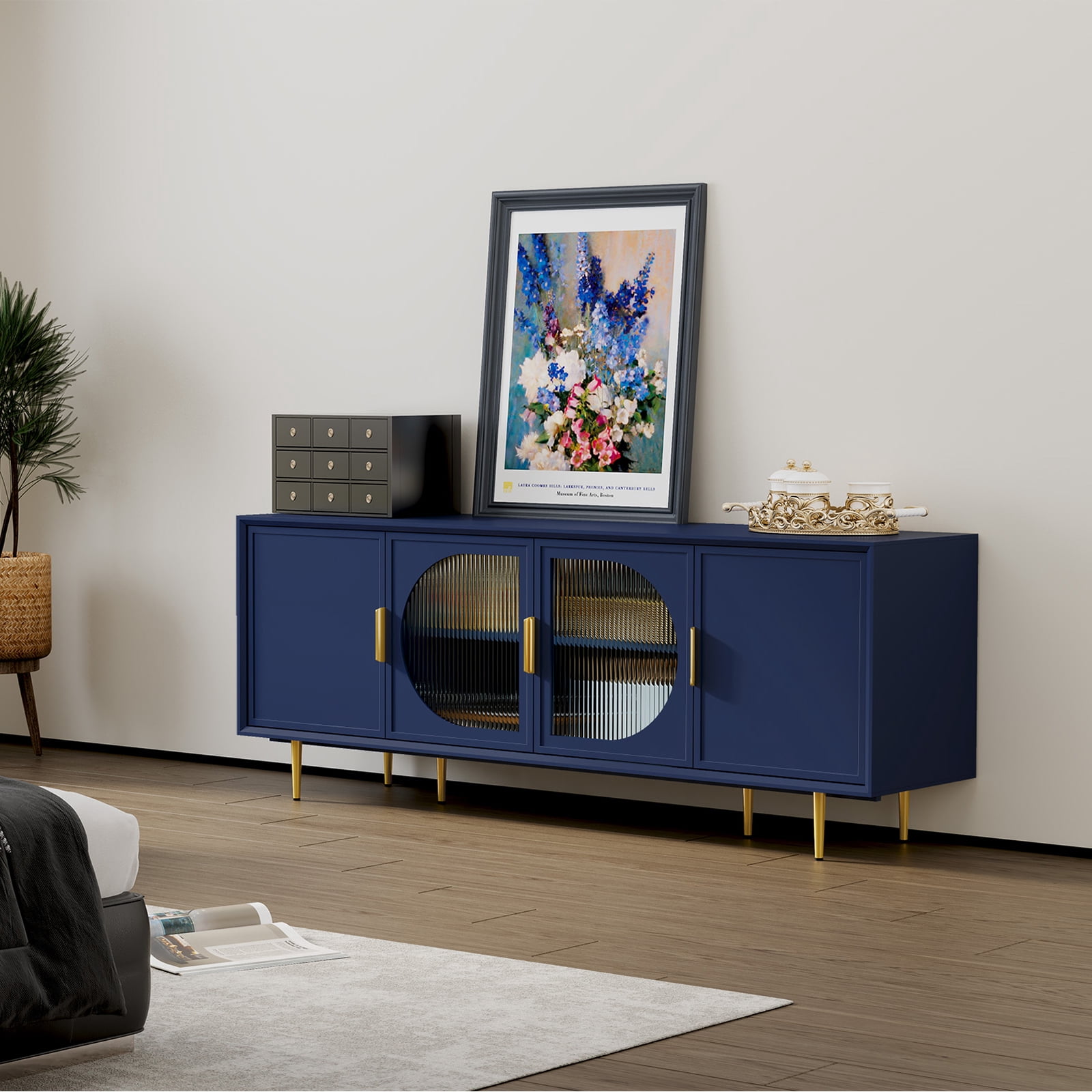 HLR Modern 66" TV Stand, for TVs up to 75", Living Room Entertainment Center with Glass Storage Cabinet, Blue