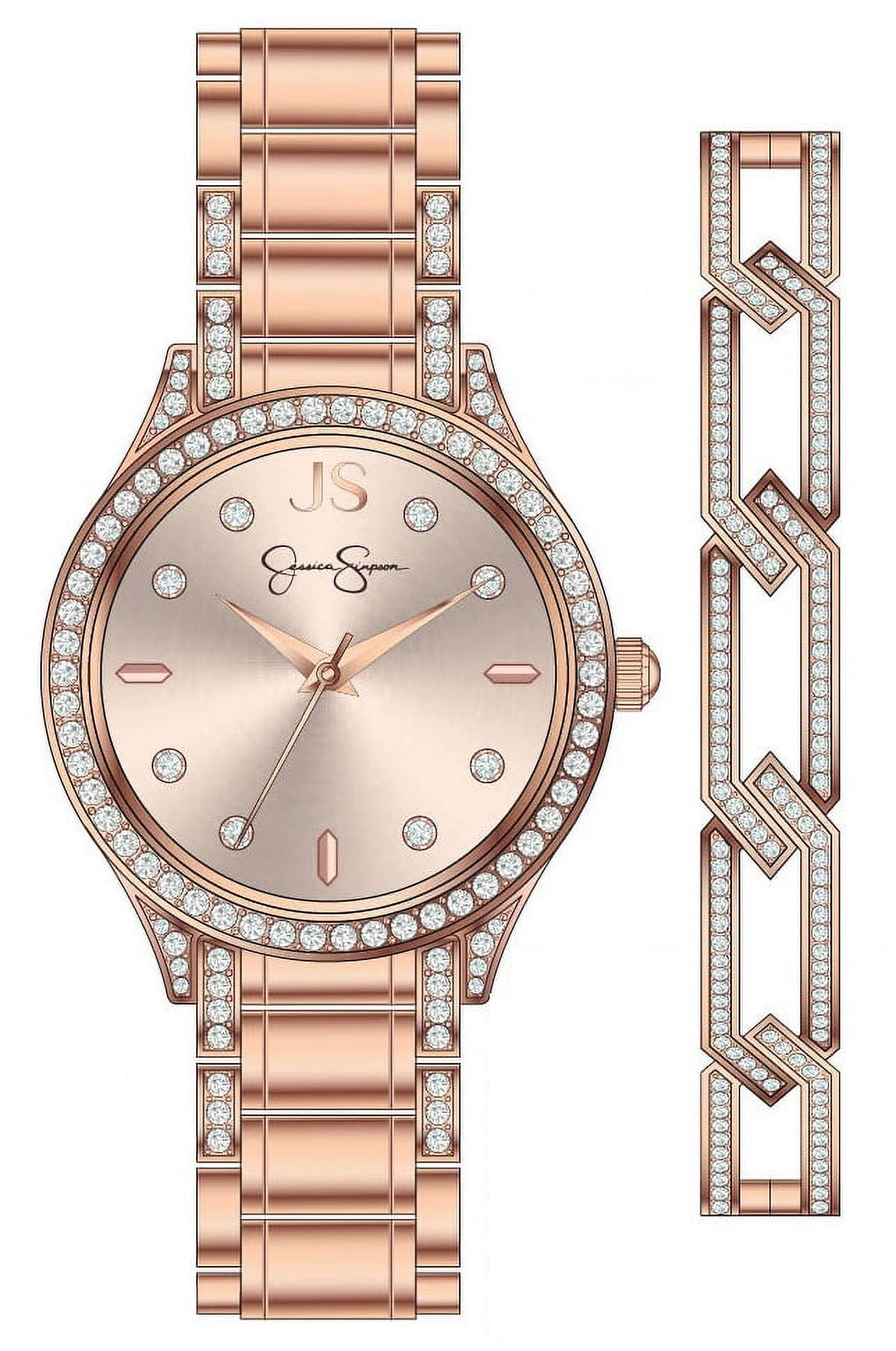 Jessica Simpson Ladies 35mm Rose Gold Tone Crystal Encrusted Bracelet Watch & Open Link Crystal Bangle Set