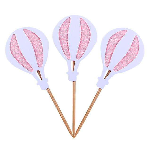 EeaseMX 9 adornos para cupcakes con purpurina en forma de globo aerostático, creativos palillos de peluche para cupcakes, decoración para bodas, cumpleaños, fiestas, baby showers y Navidad (blanco)