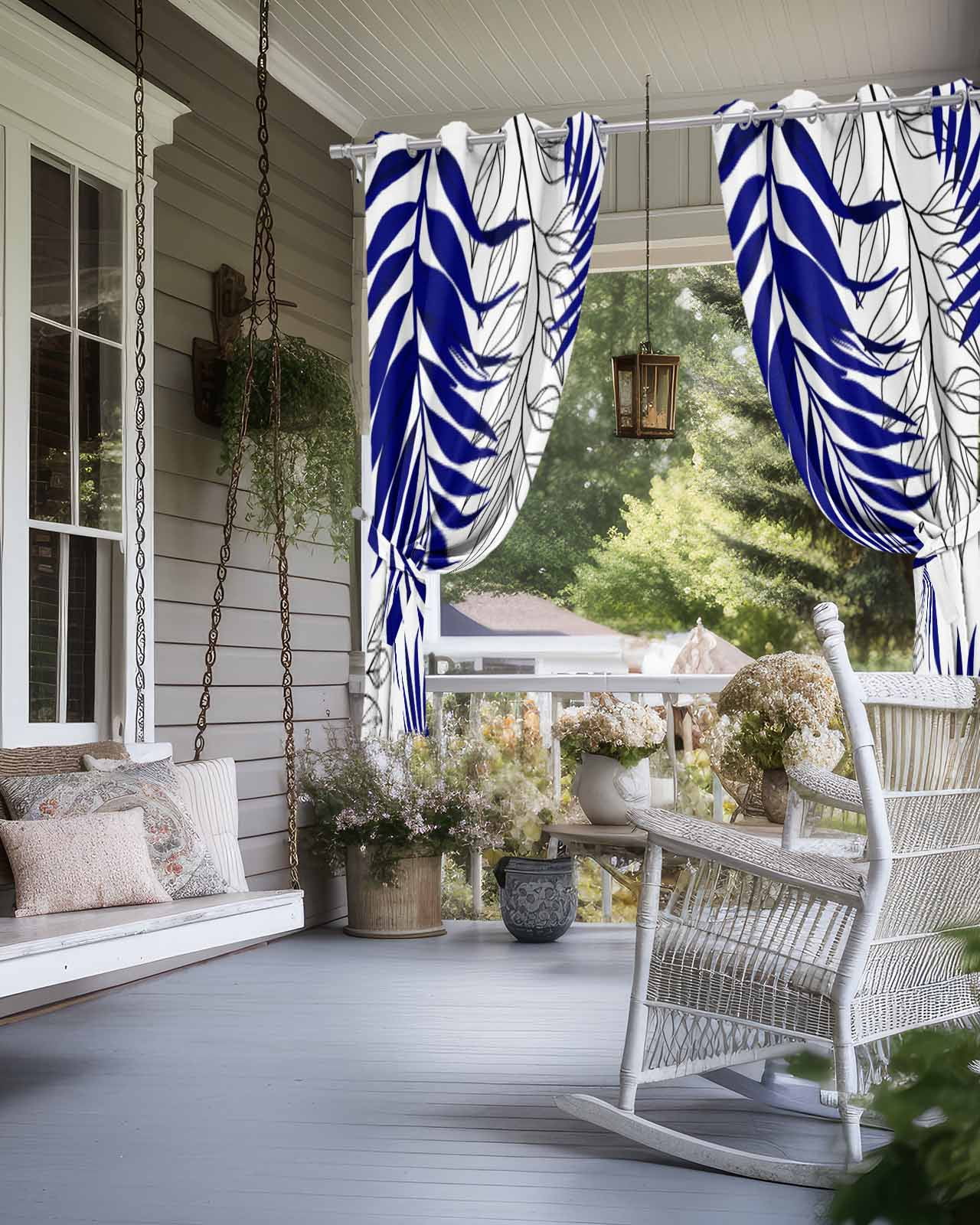 Blue Leaves Outdoor Curtains for Patio, Abstract Modern Geometric Lines Simple Art Privacy Drapes Grommet Waterproof Outside Curtains for Porch/Cabana/Balcony 54"x 84", 2 Panel