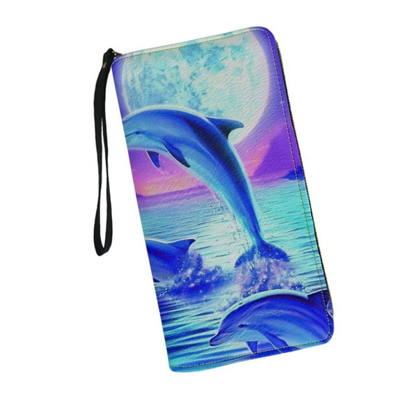Womens Wristlet Wallet Dolphins Under Moonlight RFID Blocking Leather Multi Credit Card Zip Around Clutch Travel Purse
