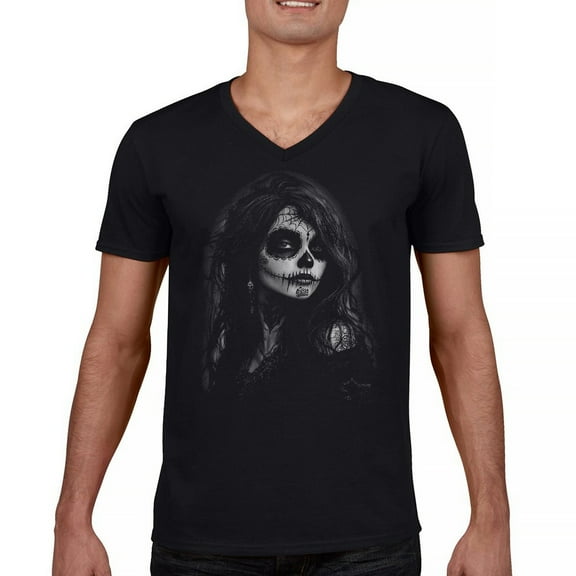 Web Sugar Skull V-Neck T-shirt Black White Monochrome Gothic Beauty Elegant Day of the Dead Dia de Los Muertos Tee