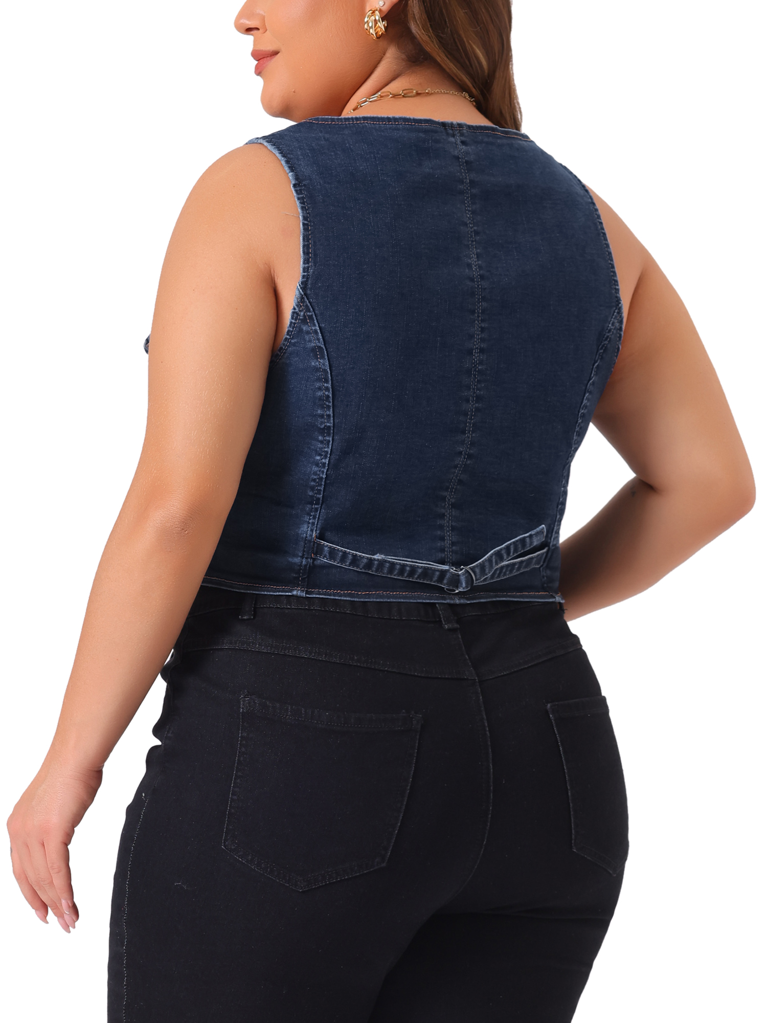 DARING DIVA Women's Plus Size Sleeveless V Neck Button Down Casual Denim Vest 1X Dark Blue