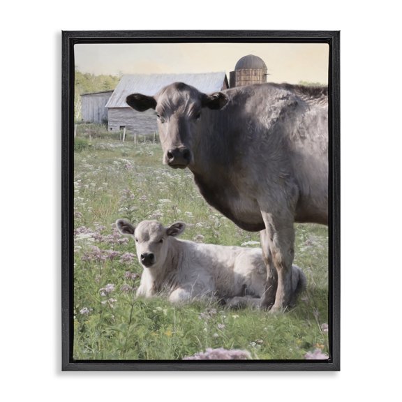 Stupell Industries Rustic Lodge Country Cattle & Calf Farm Meadow Black Floating Frame Canvas Art, 25 x 31, by Lori Deiter