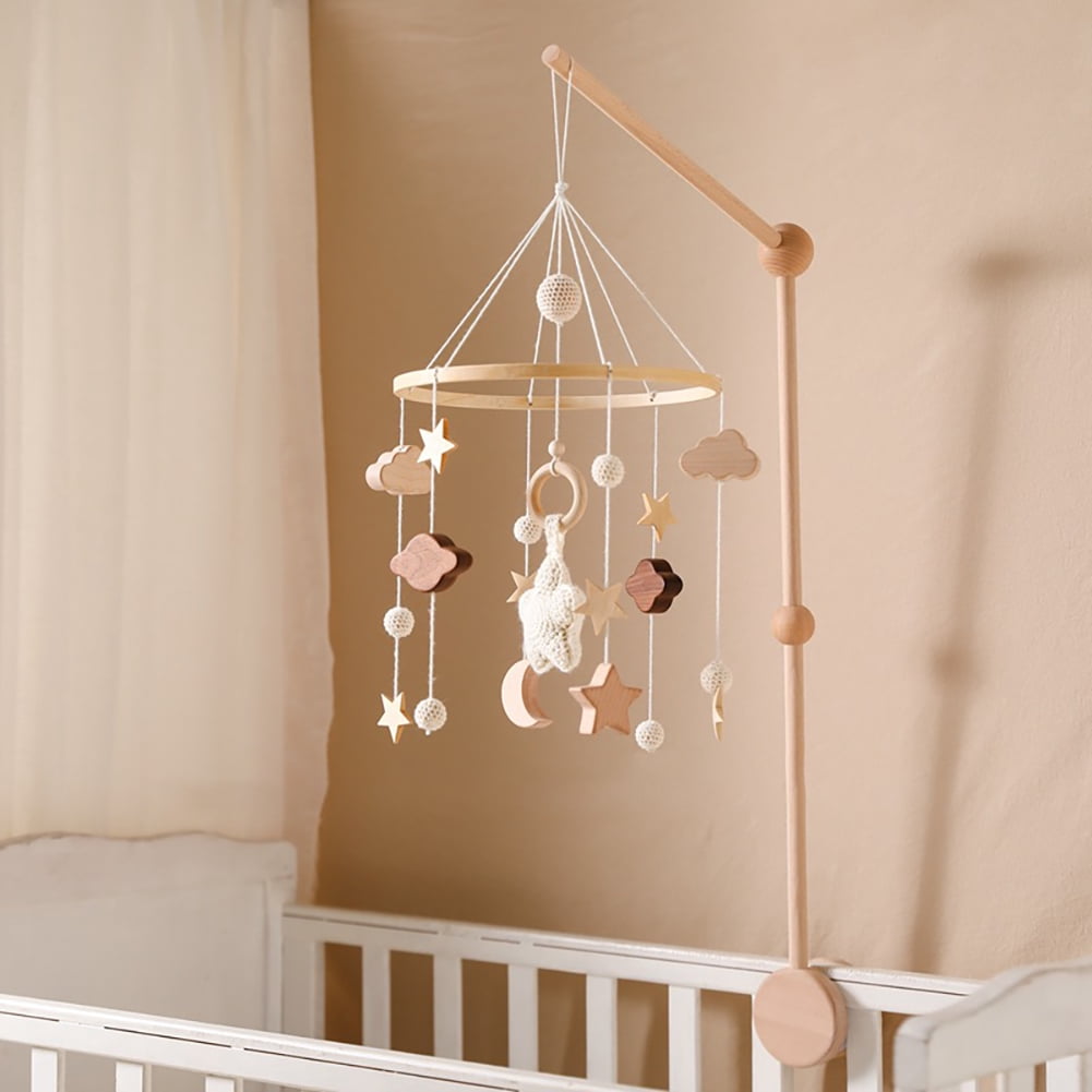 Full Sky Star Crib Bell with Felt Balls – Handmade Wooden Bed Bell for Infant Sleep, Motor Skill Development, and Nursery Decor