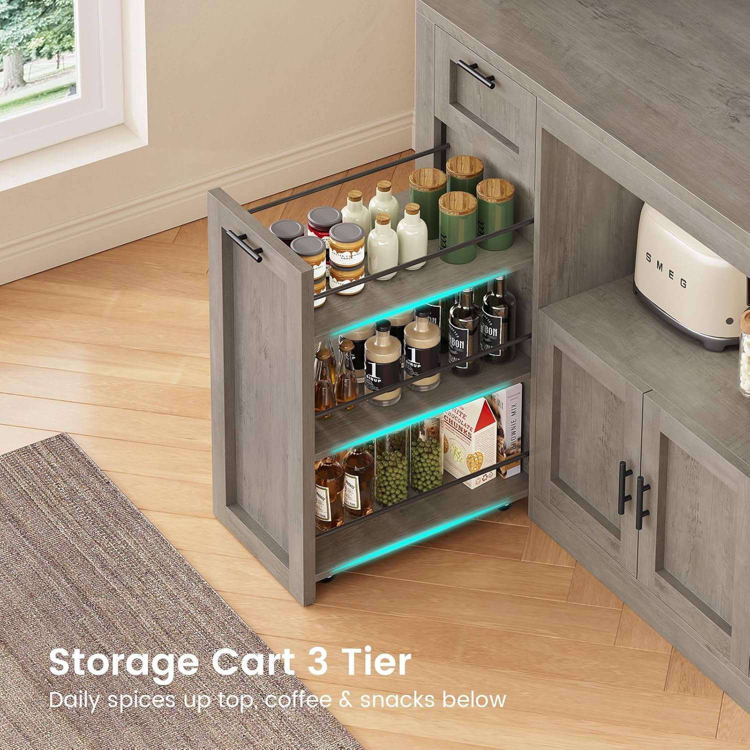 Farmhouse Pantry Cabinet, Tall Kitchen Pantry Storage Cabinet with Power Outlets & Microwave Stand, 47.3" Wide Large Kitchen Cabinet with Drawer, Storage Cart & 3 Door Shelves for Dining Room, Grey