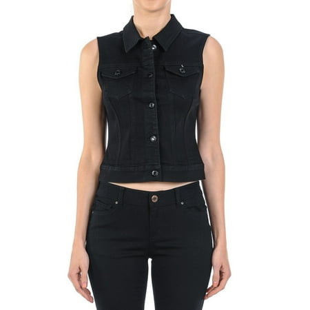 Cropped Girls Denim Jacket - Women’s Plus/Junior size Sleeveless Button Up Cropped Denim Vest Jacket