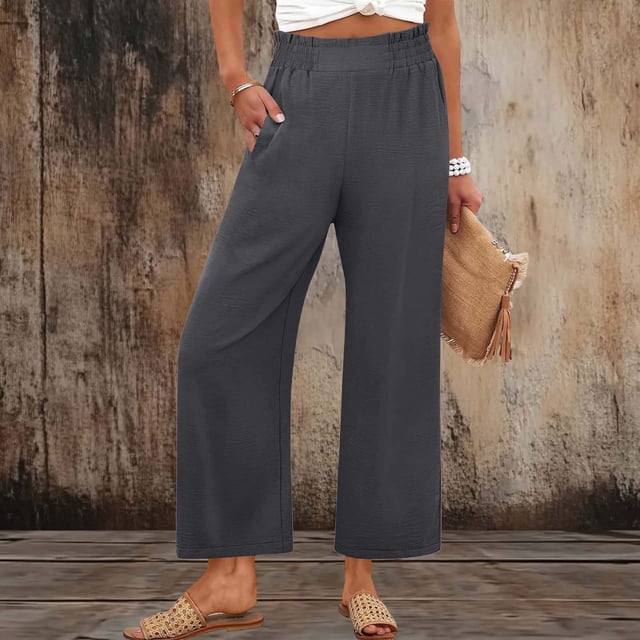 TaTaai Women's Summer Straight Leg Pants, Loose Fit High Waist Trousers with Pockets, Soft Ruffles and Pleats Design, Perfect for Casual, Beach and Seasonal Wear Gift