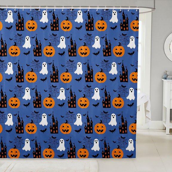Halloween Shower Curtain Spooky Ghost Pumpkin Castle Bath Curtain Waterproof Fabric Bathroom Decor 71x71 inches