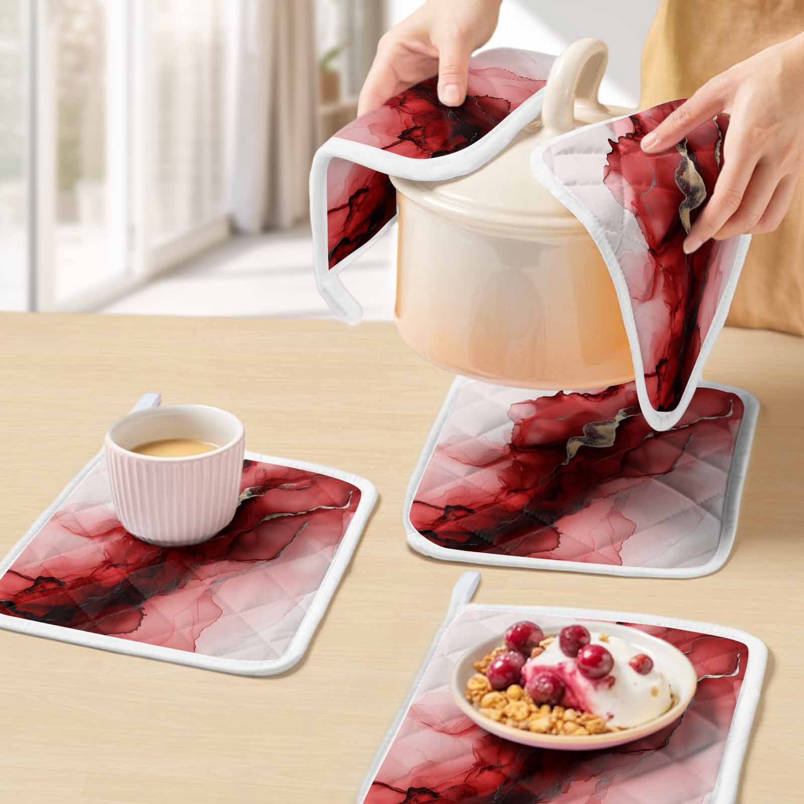 Red Marble Pot Holders for Kitchen Heatproof Potholder, 3 Pack Modern Ombre Abstract Ink Painting Art Hot Pads Multipurpose Oven Pads Cloth Potholders Trivet for Cooking Baking