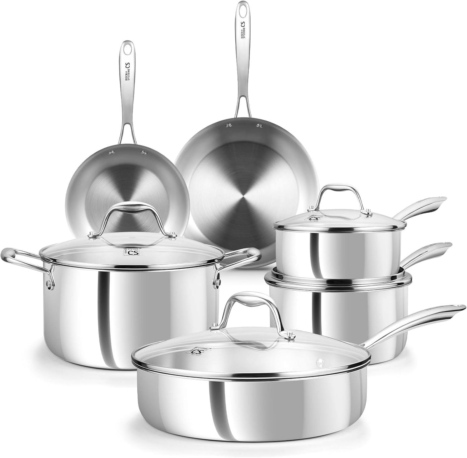 Koch Systeme CS Tri-Ply Stainless Steel Cookware Set, 10-Piece Pots and Pans Set with Glass Lids, Induction Compatible