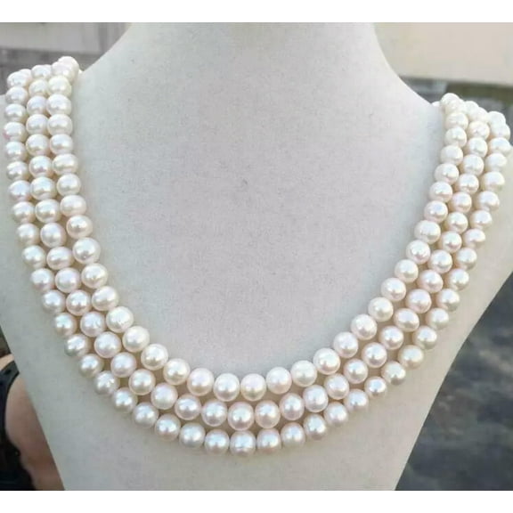 K-KED 3row strands natural 7-8mm akoya white pearl necklace 18"19"20" 14Kgp clasp