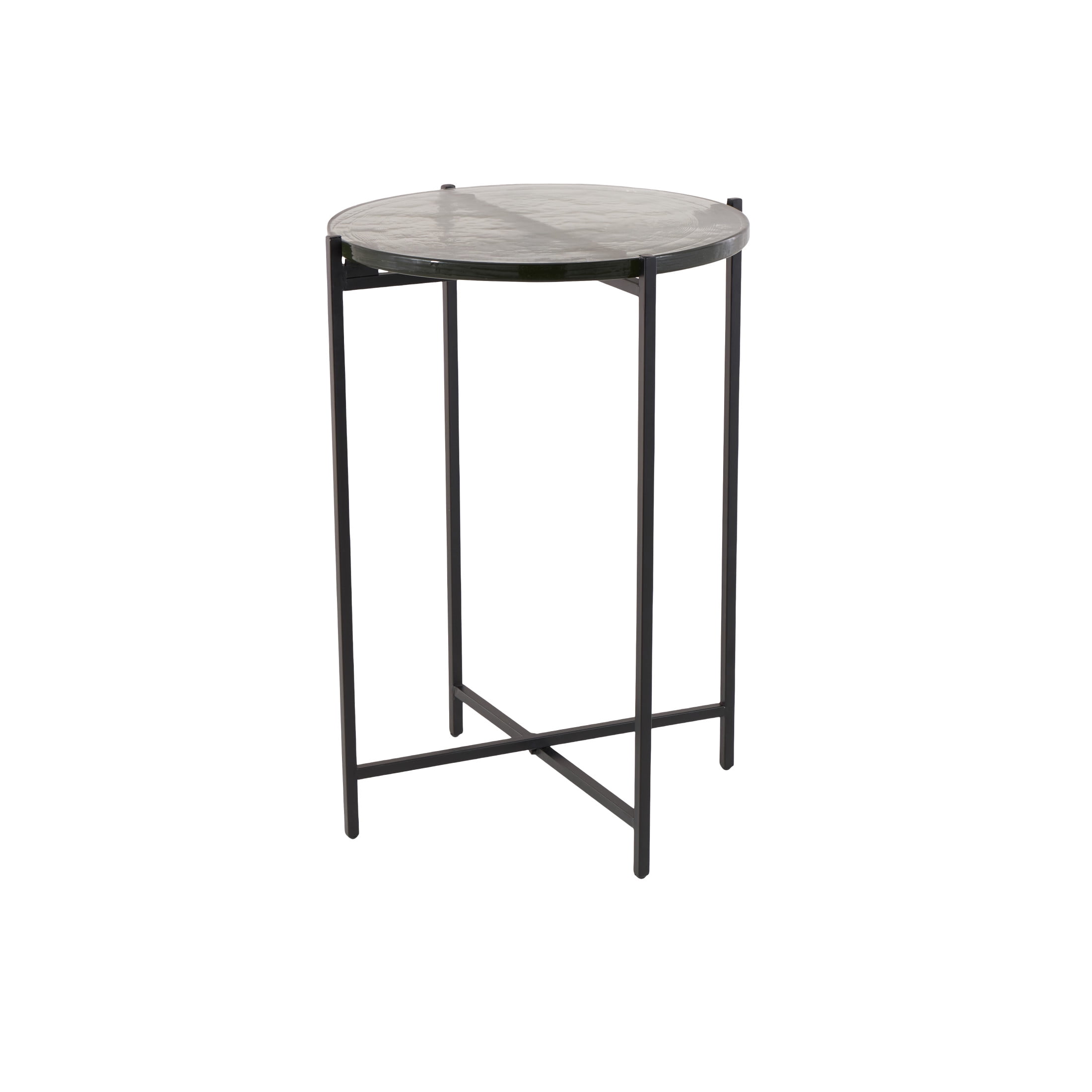 DecMode 16" x 24" Black Metal X-Shaped Accent Table with Textured Glass Tabletop, 1-Piece