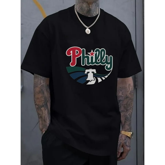 Men's Black Philly Liberty Bell Graphic T-Shirt - Short Sleeve Round Neck Casual Summer Tee with Geometric Design, Machine Washable Regular Fit for Casual Attire, Streetwear Style, Statement Shirt