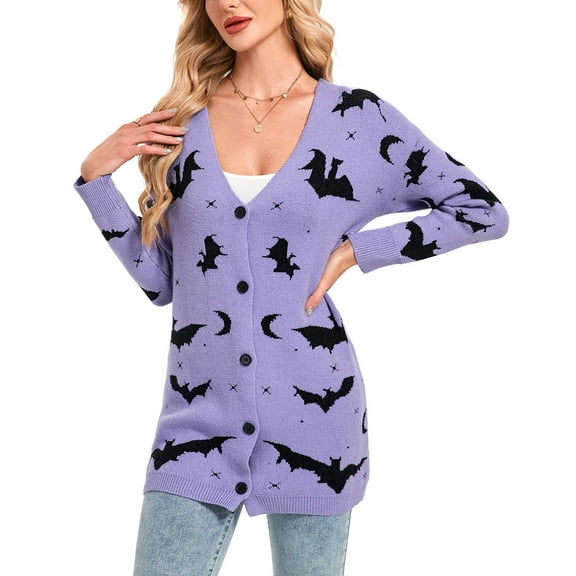 Cardigan Sweaters for Women Halloween Day Sweaters Bat Printed Knit Button V Neck Open Front Long Sleeve Mid-Length Fall Fashion Outerwear Cardigans Alsol Lamesa