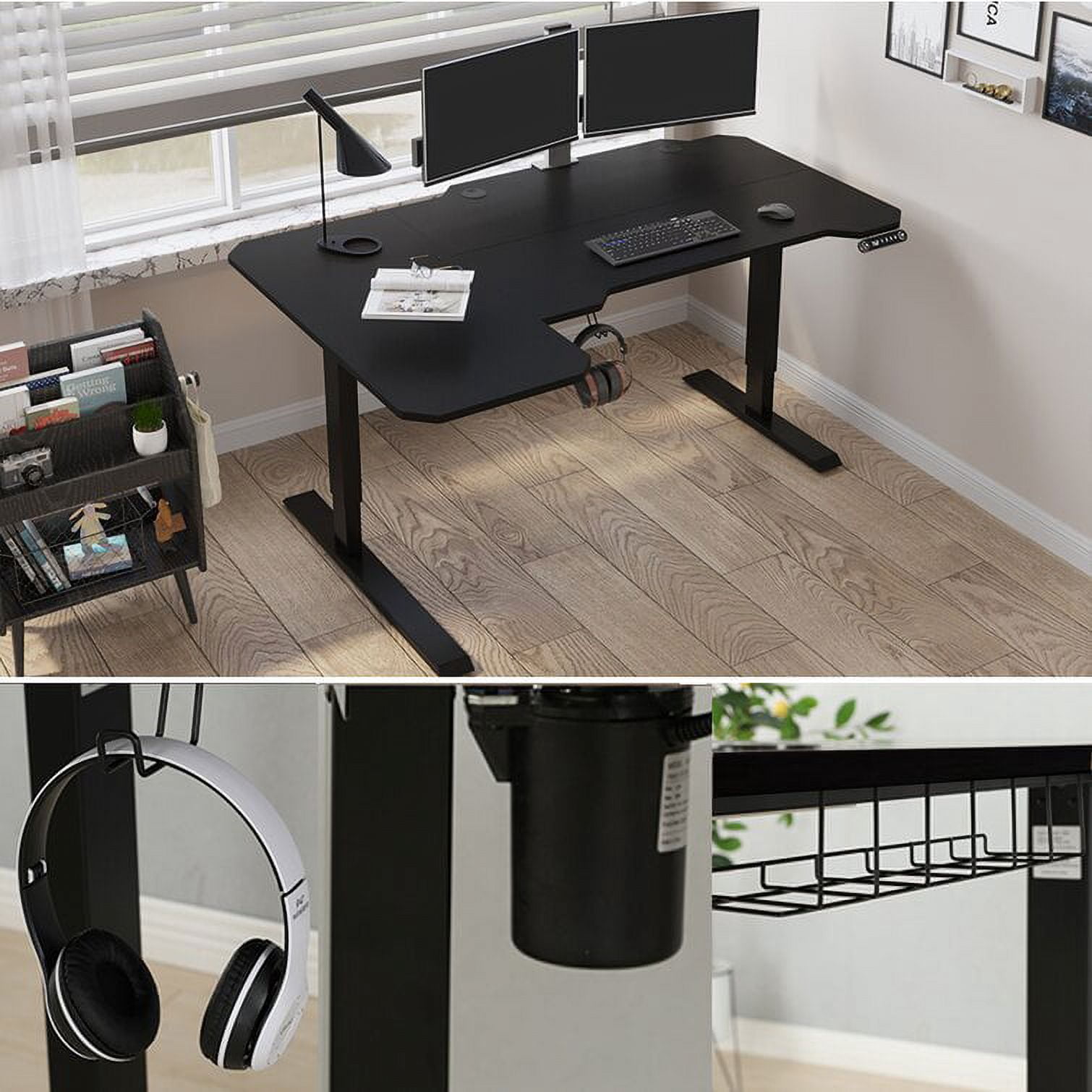 CometMin 59-Inch Large Electric Height Adjustable Computer L-Shaped Desk with Memory Controller Corner Standing Desk Modern Workstation with Splice Board Game Ergonomic Desk (Black Frame + Black Top)