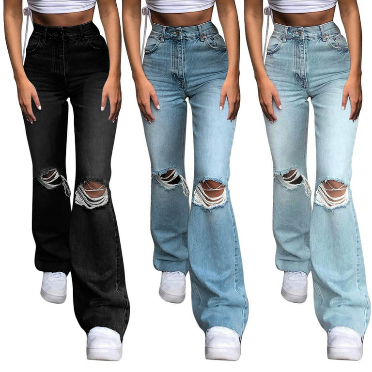 Frehsky flare jeans for women Women's Skinny Ripped Bell Bottom Jeans High  Waisted Flare Jeans Black 