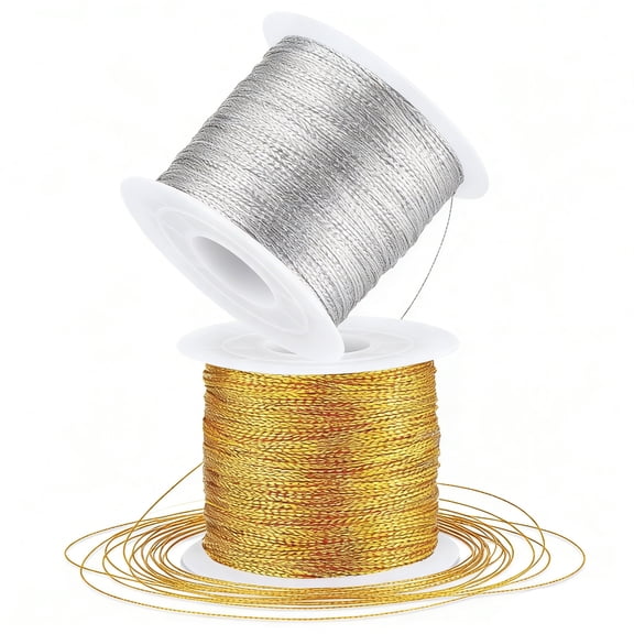 2 Rolls Metallic Cord Set 1mm Tinsel String Thread String Twine Metallic Tinsel Thin Ribbon Rope Thread String for Ornament Hanging Gift Wrapping & Sewing Decor,21.8 Yards/Roll,Silver Gold