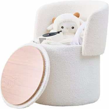 Modern Storage Ottoman – Vanity Stool with Foldable Backrest, Teddy Velvet Footstool, Extra Seating, Small Side Table & Footrest – White