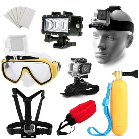 Water Sports Adventure Kit w/ Diving Mask + Underwater LED Light + Head and Chest Mount + Wrist Strap + Floating Hand Grip + Foam Strap for GoPro HERO 4 3+ 3 2 Session Black Silver White Action