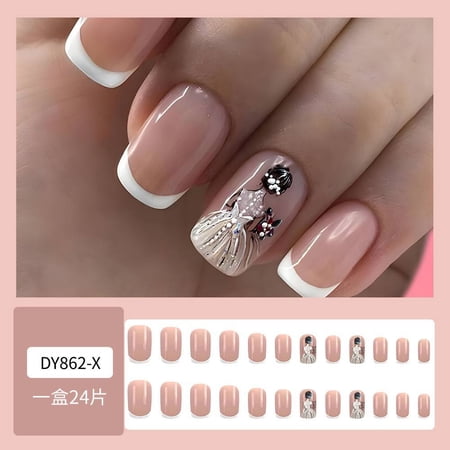 Naked pink French wedding dress bridal manicure, cross-border best-selling romantic sweet wearing nail 24 pieces fake nail patch
