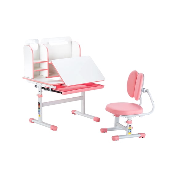 VEVOR Kids Study Chair and Desk Set, Study Desk and Chair for Kids with Bookshelf & Storage Drawer, Adjustable Height & 0-40° Tilted Desktop Desk and Chair, Study Table for Bedroom & Study Room