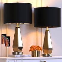 Elleree 2x 26.5” Living Room Table Lamp with usb port &Lampshade for Bedrooms Modern Nightstand Bedside Tables Amber Lamps