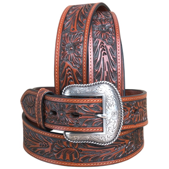 76JD 32" Roper Mens Tan Hand Tooled Floral Design Belt With Silver Buckle Tan