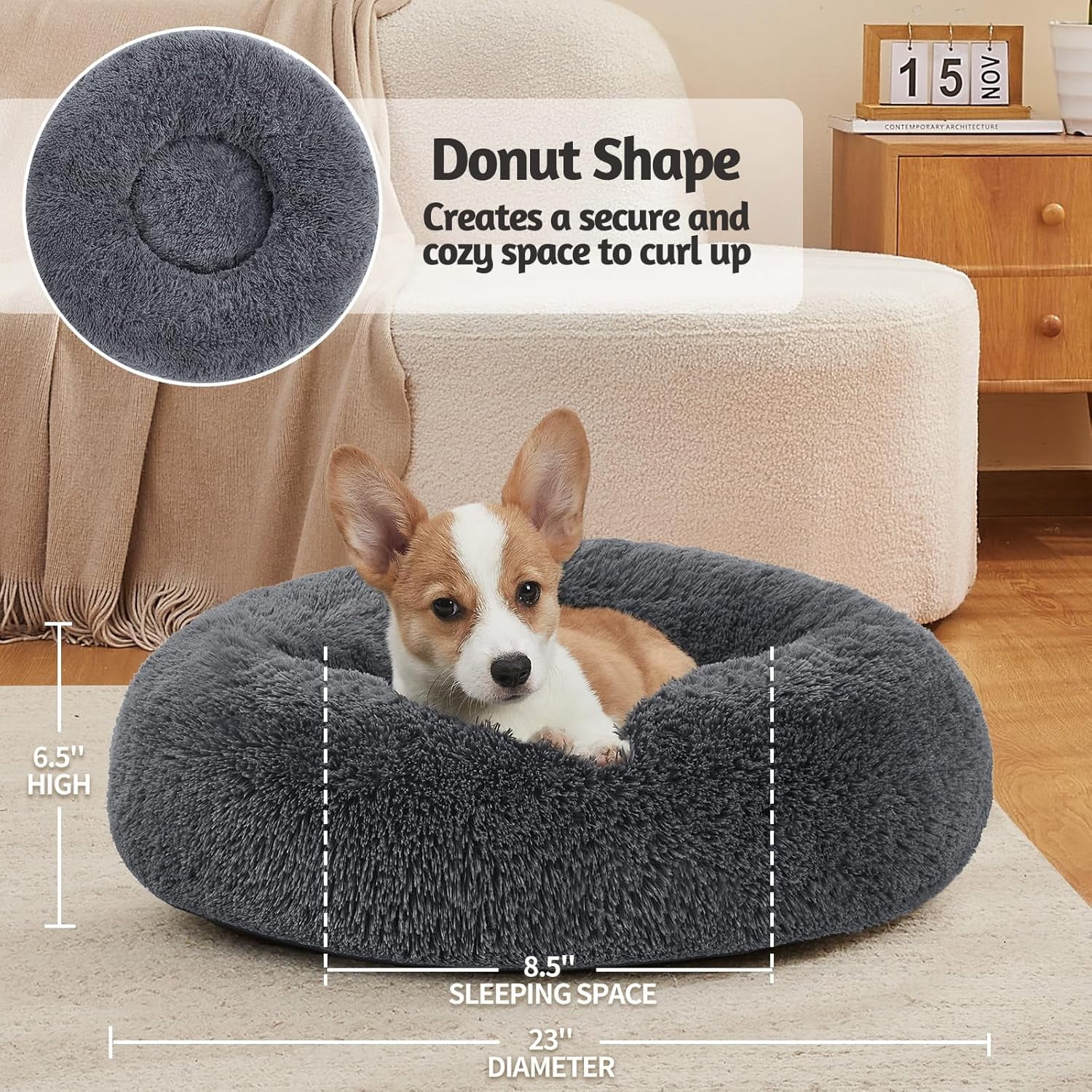 Calming Donut Dog Bed Pillow for Small Medium Pets, Machine Washable Removable Cover, Comfort Plush Fluffy Faux Fur with Anti-Slip Bottom, Cats-Friendly Round Cuddly Design, Gray, 23 inches