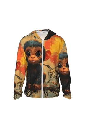 Women Men Sun Protection Hoodie Jacket Zip Long Sleeve Shirt Hiking Outdoor , Cute Monkey Retro