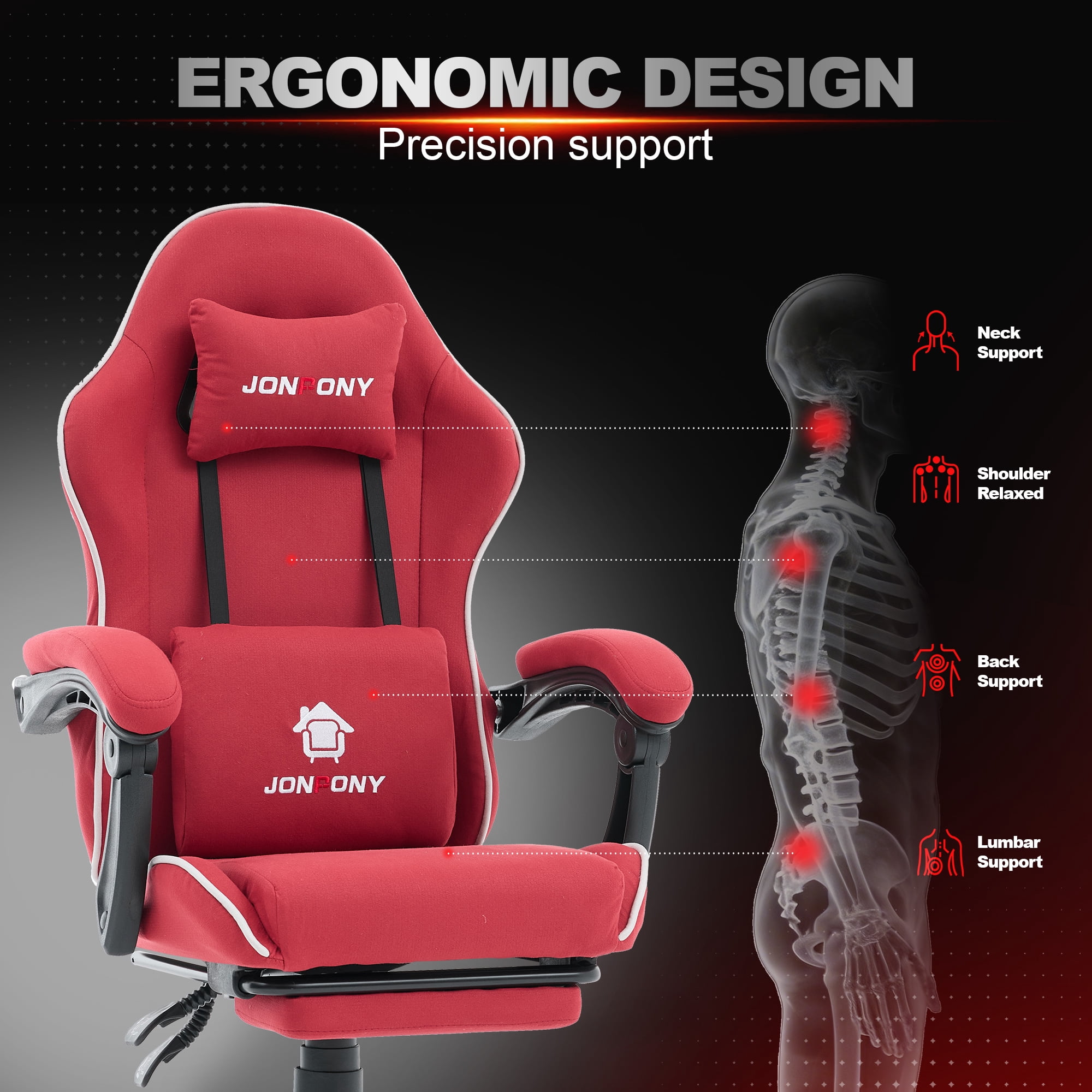 JONPONY Gaming Chair,400LBS Fabric Gamer Chair with footrest for Adults, High Back Ergonomic Computer Game Chair with Adjustable Headrest and Lumbar Support,Red