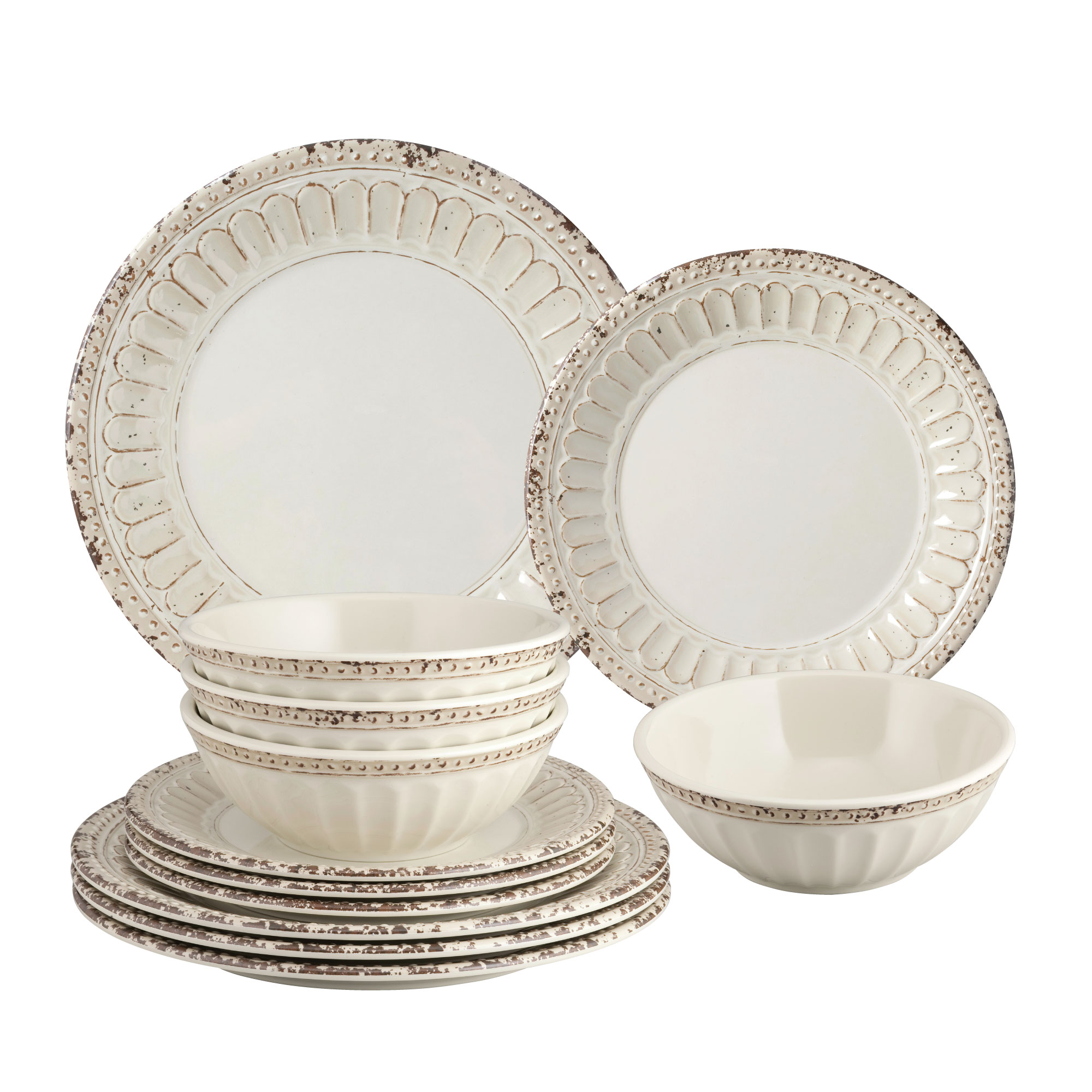 Gourmet Art 12Piece Beaded Chateau Melamine Dinnerware Set, Sand, Service for 4. Includes