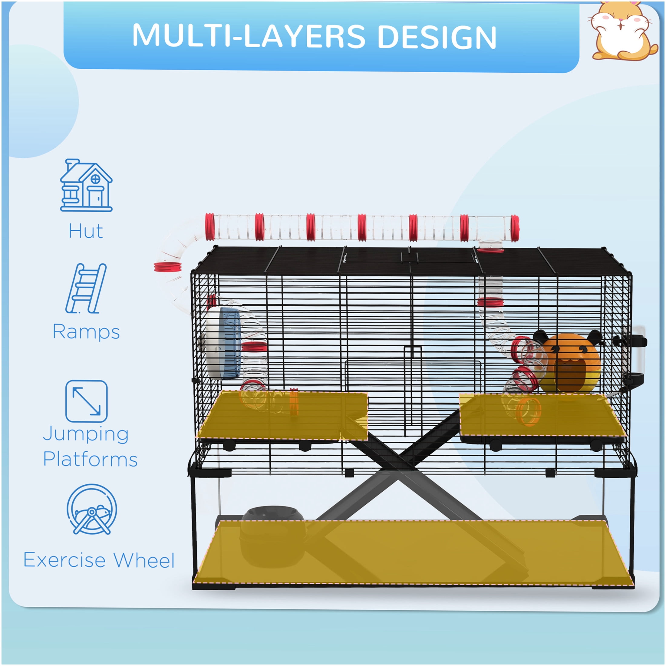 JERFIT 31" Large Hamster Cage with Tubes, Deep Base Glass Tank Habitat with Wheel, Water Bottle, Food Dish for Dwarf Hamster, Gerbil, Mouse or Rat