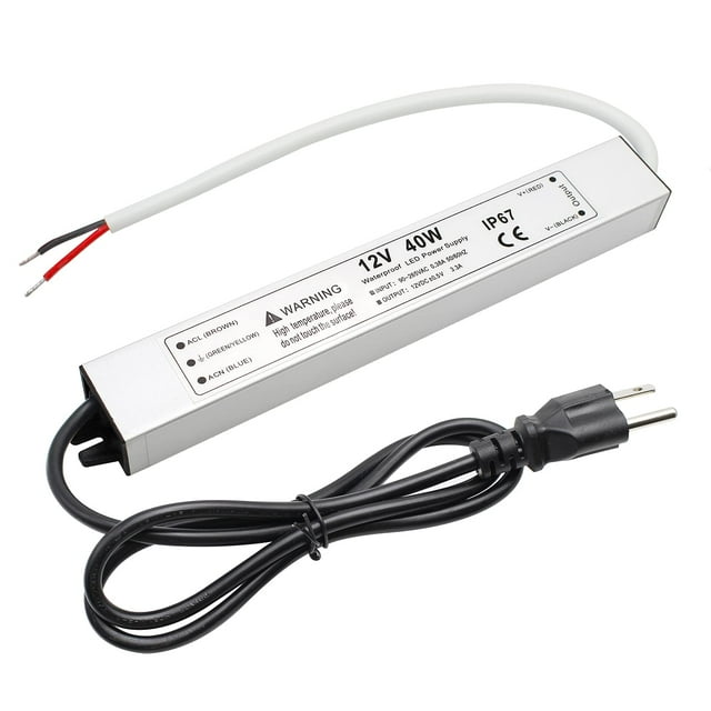 40W 12 volt LED Power Supply, Waterproof IP67 LED Driver, 110V AC to 12V DC Converter, LED Transformer Low Voltage Output with 3-Prong Plug 3.3 Feet Cable for LED Light Strip, 3.3Amp