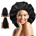 thumbnail image 1 of Auban Gorro de ducha extra grande, doble capa, impermeable, reutilizable, forro de satén XL, gorro de ducha para mujeres, pelo largo y grueso, trenzas (negro), 1 of 9