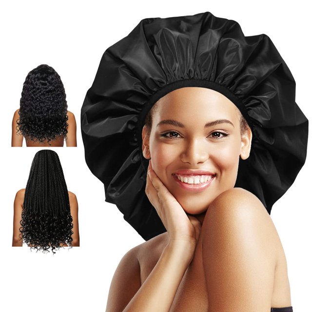 Auban Gorro de ducha extra grande, doble capa, impermeable, reutilizable, forro de satén XL, gorro de ducha para mujeres, pelo largo y grueso, trenzas (negro)