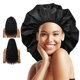 thumbnail image 1 of Auban Gorro de ducha extra grande, doble capa, impermeable, reutilizable, forro de satén XL, gorro de ducha para mujeres, pelo largo y grueso, trenzas (negro), 1 of 9