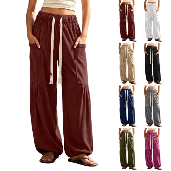 Puntoco Women's Boho Harem Pants Baggy Sweatpants with Pockets Drawstring Waist, Jogger Pants, Casual, Wide Leg Gym Pants White-C