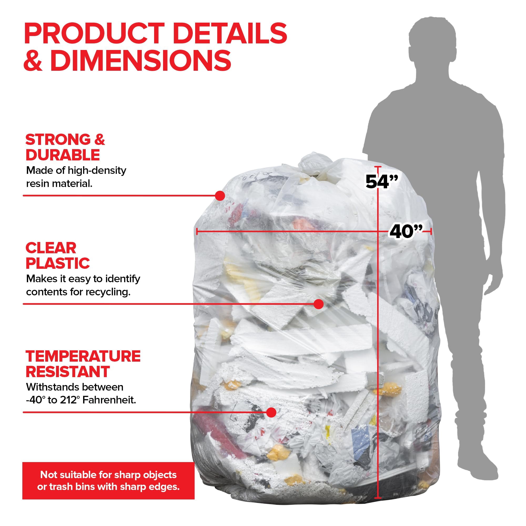 Stock Your Home 55-60 Gallon Clear Trash Bags (150 Pack) – Disposable Leak-Resistant Garbage Can Liners for Office, Bathroom, Deli, Produce, Dog Poop, Cat Litter