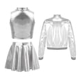 thumbnail image 2 of Alvivi Girls Metallic Jazz Hip Hop Dance Outfits Sleeveless Crop Top Bomber Jacket with Skirt Set Silver 8, 2 of 5