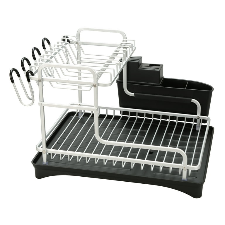 iKayaa Double Dish Rack Plate Kitchen Cutlery Rack Black Silver Large Quantity and Excellent Price silver with black