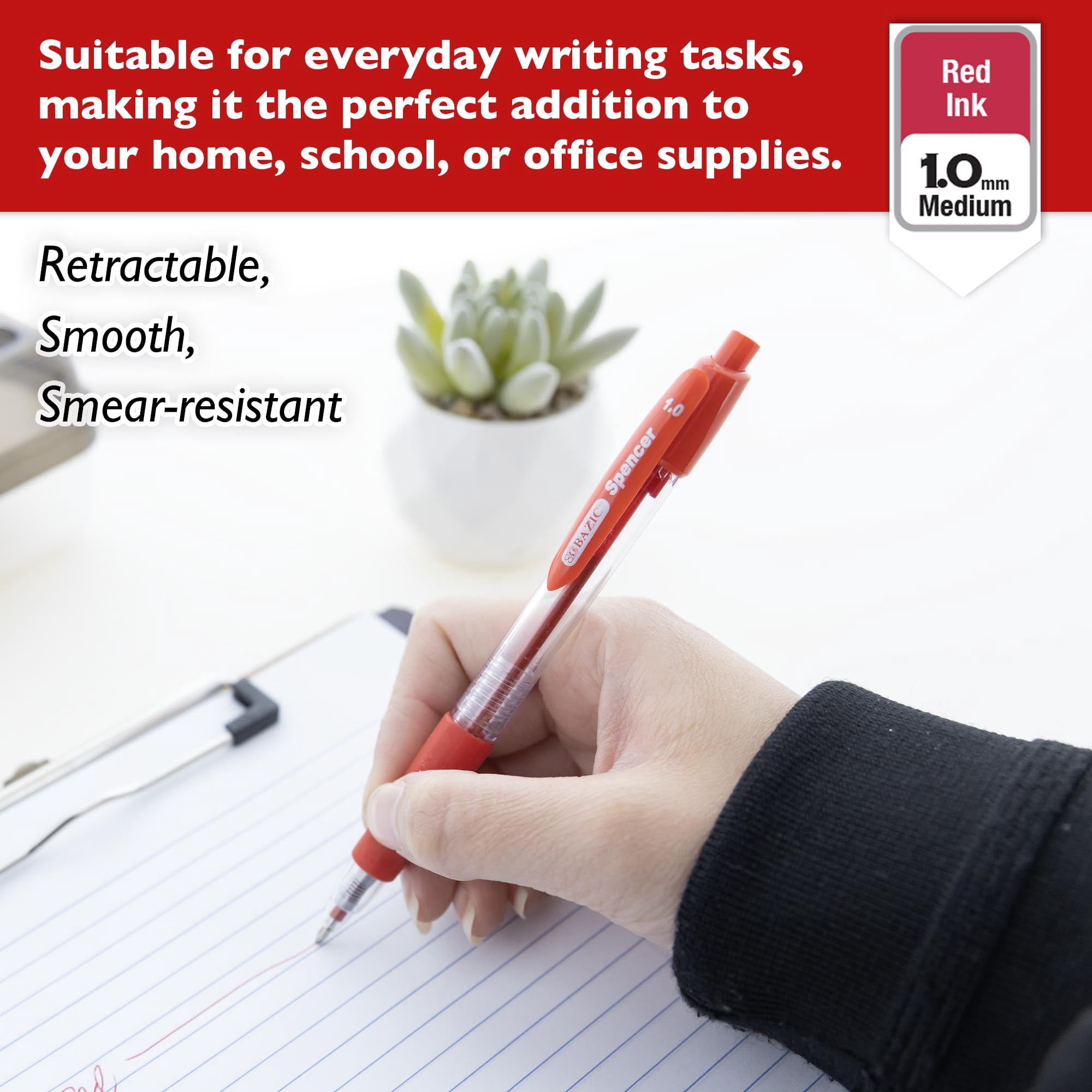 BAZIC Spencer Red Retractable Pen w/ Cushion Grip (5/Pack) 1.0 mm, 24-Pack