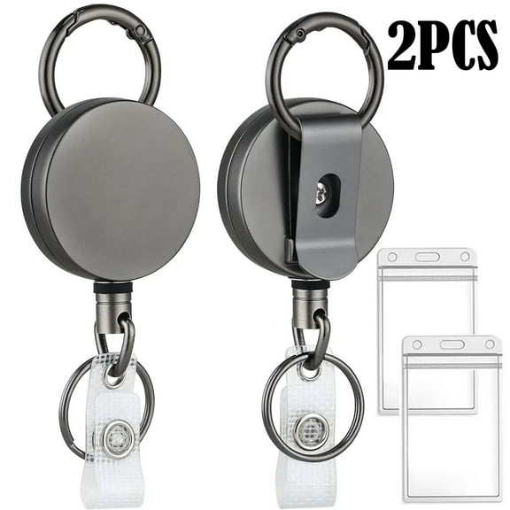 2 Pack Heavy Duty Retractable Badge Holder Reel, Metal ID Badge Holder with Belt Clip Key Ring for Name Card Keychain [All Metal Casing, 27.5" Fiber Cord, Reinforced Id Strap]