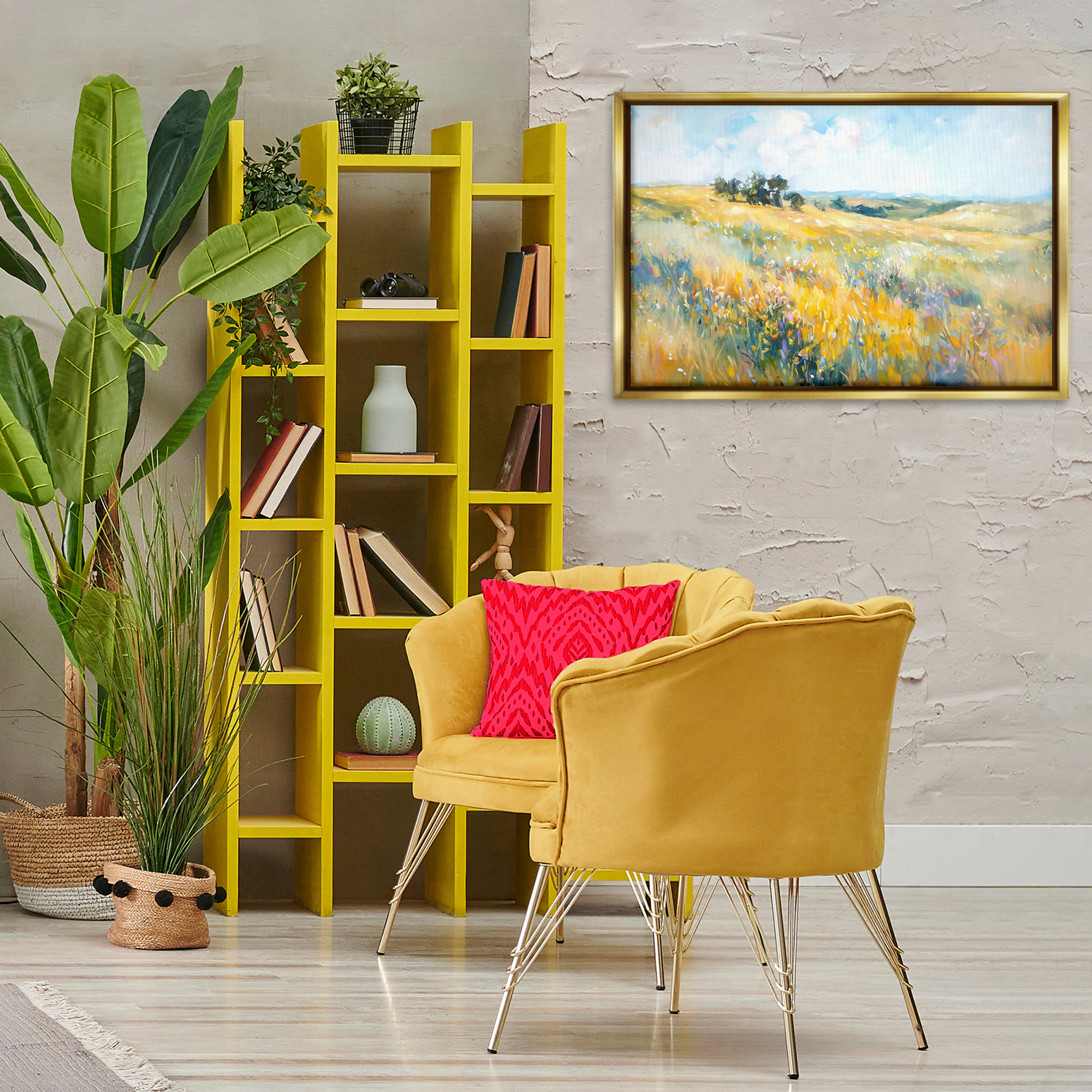 Stupell Industries Country Prairie Scene Landscape & Nature Painting Gold Floater Framed Canvas Art Print Wall Art, 31 x 21